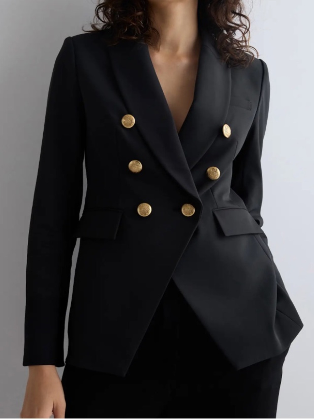 Quince Black Double-Breasted Blazer with Gold Buttons